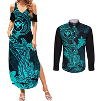 Hawaii Couples Matching Summer Maxi Dress and Long Sleeve Button Shirts Hammerhead Shark Tattoo Mix Polynesian Plumeria Turquoise Version - Wonder Print Shop