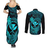 Hawaii Couples Matching Summer Maxi Dress and Long Sleeve Button Shirts Hammerhead Shark Tattoo Mix Polynesian Plumeria Turquoise Version - Wonder Print Shop