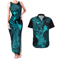 Hawaii Couples Matching Tank Maxi Dress and Hawaiian Shirt Hammerhead Shark Tattoo Mix Polynesian Plumeria Turquoise Version - Wonder Print Shop
