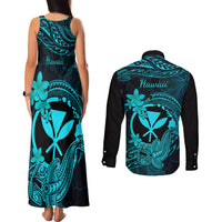 Hawaii Couples Matching Tank Maxi Dress and Long Sleeve Button Shirts Hammerhead Shark Tattoo Mix Polynesian Plumeria Turquoise Version - Wonder Print Shop