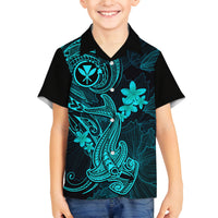 Hawaii Family Matching Long Sleeve Bodycon Dress and Hawaiian Shirt Hammerhead Shark Tattoo Mix Polynesian Plumeria Turquoise Version - Wonder Print Shop