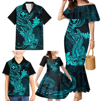 Hawaii Family Matching Mermaid Dress and Hawaiian Shirt Hammerhead Shark Tattoo Mix Polynesian Plumeria Turquoise Version - Wonder Print Shop
