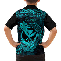 Hawaii Family Matching Off Shoulder Long Sleeve Dress and Hawaiian Shirt Hammerhead Shark Tattoo Mix Polynesian Plumeria Turquoise Version - Wonder Print Shop