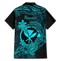 Hawaii Family Matching Off Shoulder Long Sleeve Dress and Hawaiian Shirt Hammerhead Shark Tattoo Mix Polynesian Plumeria Turquoise Version - Wonder Print Shop
