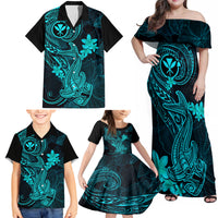 Hawaii Family Matching Off Shoulder Maxi Dress and Hawaiian Shirt Hammerhead Shark Tattoo Mix Polynesian Plumeria Turquoise Version - Wonder Print Shop
