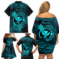 Hawaii Family Matching Off Shoulder Short Dress and Hawaiian Shirt Hammerhead Shark Tattoo Mix Polynesian Plumeria Turquoise Version - Wonder Print Shop