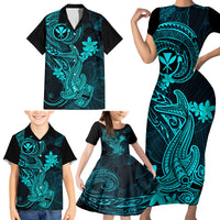 Hawaii Family Matching Short Sleeve Bodycon Dress and Hawaiian Shirt Hammerhead Shark Tattoo Mix Polynesian Plumeria Turquoise Version - Wonder Print Shop