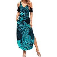 Hawaii Family Matching Summer Maxi Dress and Hawaiian Shirt Hammerhead Shark Tattoo Mix Polynesian Plumeria Turquoise Version - Wonder Print Shop