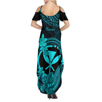 Hawaii Family Matching Summer Maxi Dress and Hawaiian Shirt Hammerhead Shark Tattoo Mix Polynesian Plumeria Turquoise Version - Wonder Print Shop