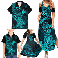 Hawaii Family Matching Summer Maxi Dress and Hawaiian Shirt Hammerhead Shark Tattoo Mix Polynesian Plumeria Turquoise Version - Wonder Print Shop