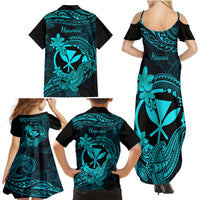 Hawaii Family Matching Summer Maxi Dress and Hawaiian Shirt Hammerhead Shark Tattoo Mix Polynesian Plumeria Turquoise Version - Wonder Print Shop