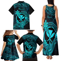 Hawaii Family Matching Tank Maxi Dress and Hawaiian Shirt Hammerhead Shark Tattoo Mix Polynesian Plumeria Turquoise Version - Wonder Print Shop
