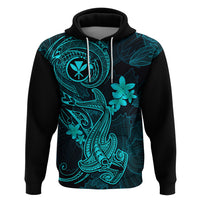 Hawaii Hoodie Hammerhead Shark Tattoo Mix Polynesian Plumeria Turquoise Version - Wonder Print Shop