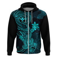 Hawaii Hoodie Hammerhead Shark Tattoo Mix Polynesian Plumeria Turquoise Version - Wonder Print Shop