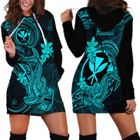 Hawaii Hoodie Dress Hammerhead Shark Tattoo Mix Polynesian Plumeria Turquoise Version - Wonder Print Shop