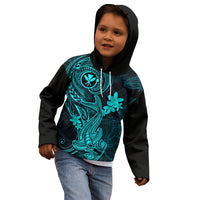 Hawaii Kid Hoodie Hammerhead Shark Tattoo Mix Polynesian Plumeria Turquoise Version - Wonder Print Shop