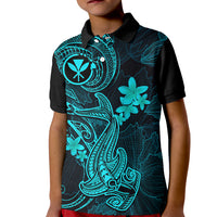 Hawaii Kid Polo Shirt Hammerhead Shark Tattoo Mix Polynesian Plumeria Turquoise Version - Wonder Print Shop