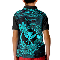 Hawaii Kid Polo Shirt Hammerhead Shark Tattoo Mix Polynesian Plumeria Turquoise Version - Wonder Print Shop