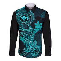 Hawaii Long Sleeve Button Shirt Hammerhead Shark Tattoo Mix Polynesian Plumeria Turquoise Version - Wonder Print Shop