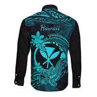 Hawaii Long Sleeve Button Shirt Hammerhead Shark Tattoo Mix Polynesian Plumeria Turquoise Version - Wonder Print Shop