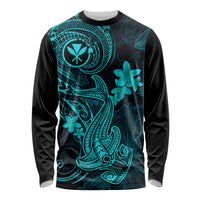 Hawaii Long Sleeve Shirt Hammerhead Shark Tattoo Mix Polynesian Plumeria Turquoise Version - Wonder Print Shop