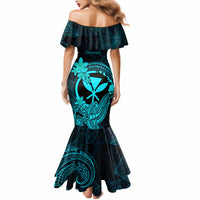 Hawaii Mermaid Dress Hammerhead Shark Tattoo Mix Polynesian Plumeria Turquoise Version - Wonder Print Shop