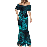 Hawaii Mermaid Dress Hammerhead Shark Tattoo Mix Polynesian Plumeria Turquoise Version - Wonder Print Shop