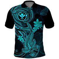 Hawaii Polo Shirt Hammerhead Shark Tattoo Mix Polynesian Plumeria Turquoise Version - Wonder Print Shop