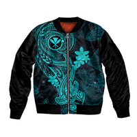 Hawaii Sleeve Zip Bomber Jacket Hammerhead Shark Tattoo Mix Polynesian Plumeria Turquoise Version - Wonder Print Shop