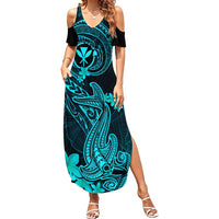Hawaii Summer Maxi Dress Hammerhead Shark Tattoo Mix Polynesian Plumeria Turquoise Version - Wonder Print Shop
