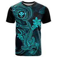 Hawaii T Shirt Hammerhead Shark Tattoo Mix Polynesian Plumeria Turquoise Version - Wonder Print Shop