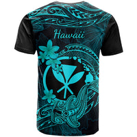 Hawaii T Shirt Hammerhead Shark Tattoo Mix Polynesian Plumeria Turquoise Version - Wonder Print Shop