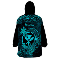 Hawaii Wearable Blanket Hoodie Hammerhead Shark Tattoo Mix Polynesian Plumeria Turquoise Version - Wonder Print Shop