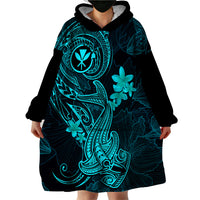 Hawaii Wearable Blanket Hoodie Hammerhead Shark Tattoo Mix Polynesian Plumeria Turquoise Version - Wonder Print Shop