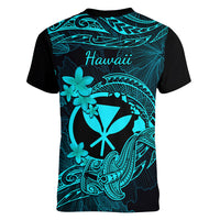 Hawaii Women V Neck T Shirt Hammerhead Shark Tattoo Mix Polynesian Plumeria Turquoise Version - Wonder Print Shop
