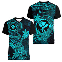 Hawaii Women V Neck T Shirt Hammerhead Shark Tattoo Mix Polynesian Plumeria Turquoise Version - Wonder Print Shop
