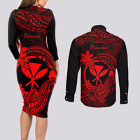 Hawaii Couples Matching Long Sleeve Bodycon Dress and Long Sleeve Button Shirts Hammerhead Shark Tattoo Mix Polynesian Plumeria Red Version - Wonder Print Shop