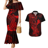 Hawaii Couples Matching Mermaid Dress and Hawaiian Shirt Hammerhead Shark Tattoo Mix Polynesian Plumeria Red Version - Wonder Print Shop