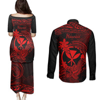 Hawaii Couples Matching Puletasi Dress and Long Sleeve Button Shirts Hammerhead Shark Tattoo Mix Polynesian Plumeria Red Version - Wonder Print Shop