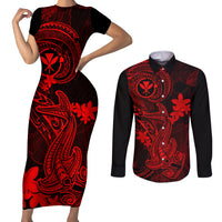 Hawaii Couples Matching Short Sleeve Bodycon Dress and Long Sleeve Button Shirts Hammerhead Shark Tattoo Mix Polynesian Plumeria Red Version - Wonder Print Shop