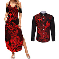 Hawaii Couples Matching Summer Maxi Dress and Long Sleeve Button Shirts Hammerhead Shark Tattoo Mix Polynesian Plumeria Red Version - Wonder Print Shop