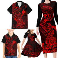 Hawaii Family Matching Long Sleeve Bodycon Dress and Hawaiian Shirt Hammerhead Shark Tattoo Mix Polynesian Plumeria Red Version - Wonder Print Shop