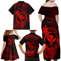Hawaii Family Matching Off Shoulder Long Sleeve Dress and Hawaiian Shirt Hammerhead Shark Tattoo Mix Polynesian Plumeria Red Version - Wonder Print Shop
