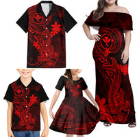 Hawaii Family Matching Off Shoulder Maxi Dress and Hawaiian Shirt Hammerhead Shark Tattoo Mix Polynesian Plumeria Red Version - Wonder Print Shop