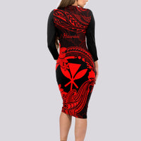 Hawaii Long Sleeve Bodycon Dress Hammerhead Shark Tattoo Mix Polynesian Plumeria Red Version - Wonder Print Shop