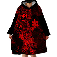 Hawaii Wearable Blanket Hoodie Hammerhead Shark Tattoo Mix Polynesian Plumeria Red Version - Wonder Print Shop