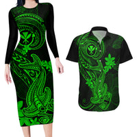 Hawaii Couples Matching Long Sleeve Bodycon Dress and Hawaiian Shirt Hammerhead Shark Tattoo Mix Polynesian Plumeria Green Version - Wonder Print Shop