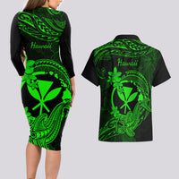Hawaii Couples Matching Long Sleeve Bodycon Dress and Hawaiian Shirt Hammerhead Shark Tattoo Mix Polynesian Plumeria Green Version - Wonder Print Shop