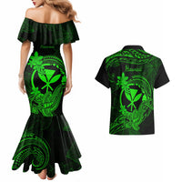 Hawaii Couples Matching Mermaid Dress and Hawaiian Shirt Hammerhead Shark Tattoo Mix Polynesian Plumeria Green Version - Wonder Print Shop