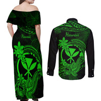 Hawaii Couples Matching Off Shoulder Maxi Dress and Long Sleeve Button Shirts Hammerhead Shark Tattoo Mix Polynesian Plumeria Green Version - Wonder Print Shop